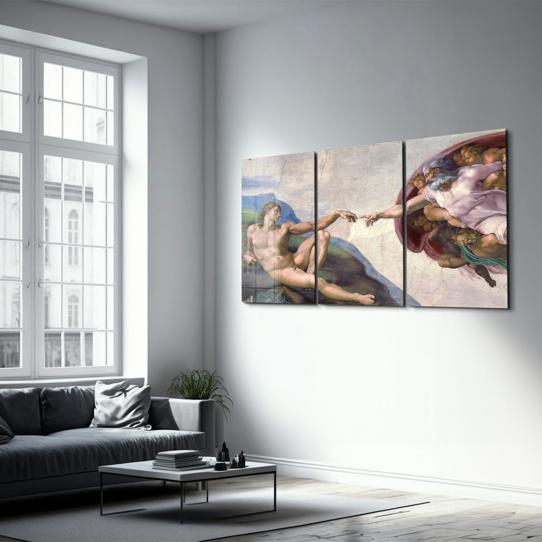 ・"Michelangelo - The Creation of Adam - Trio"・Glass Wall Art