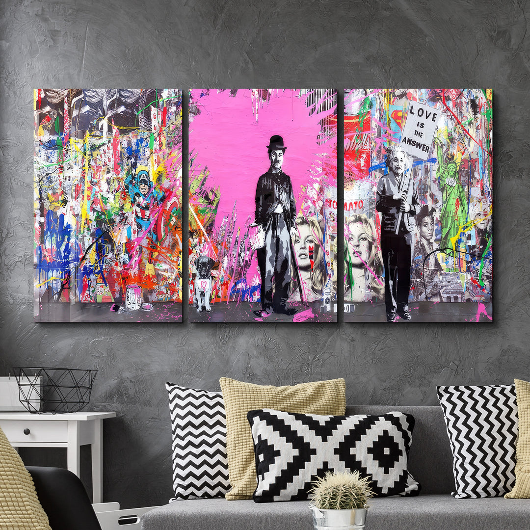 ・" BANKSY Pink Love - Trio"・Glass Wall Art