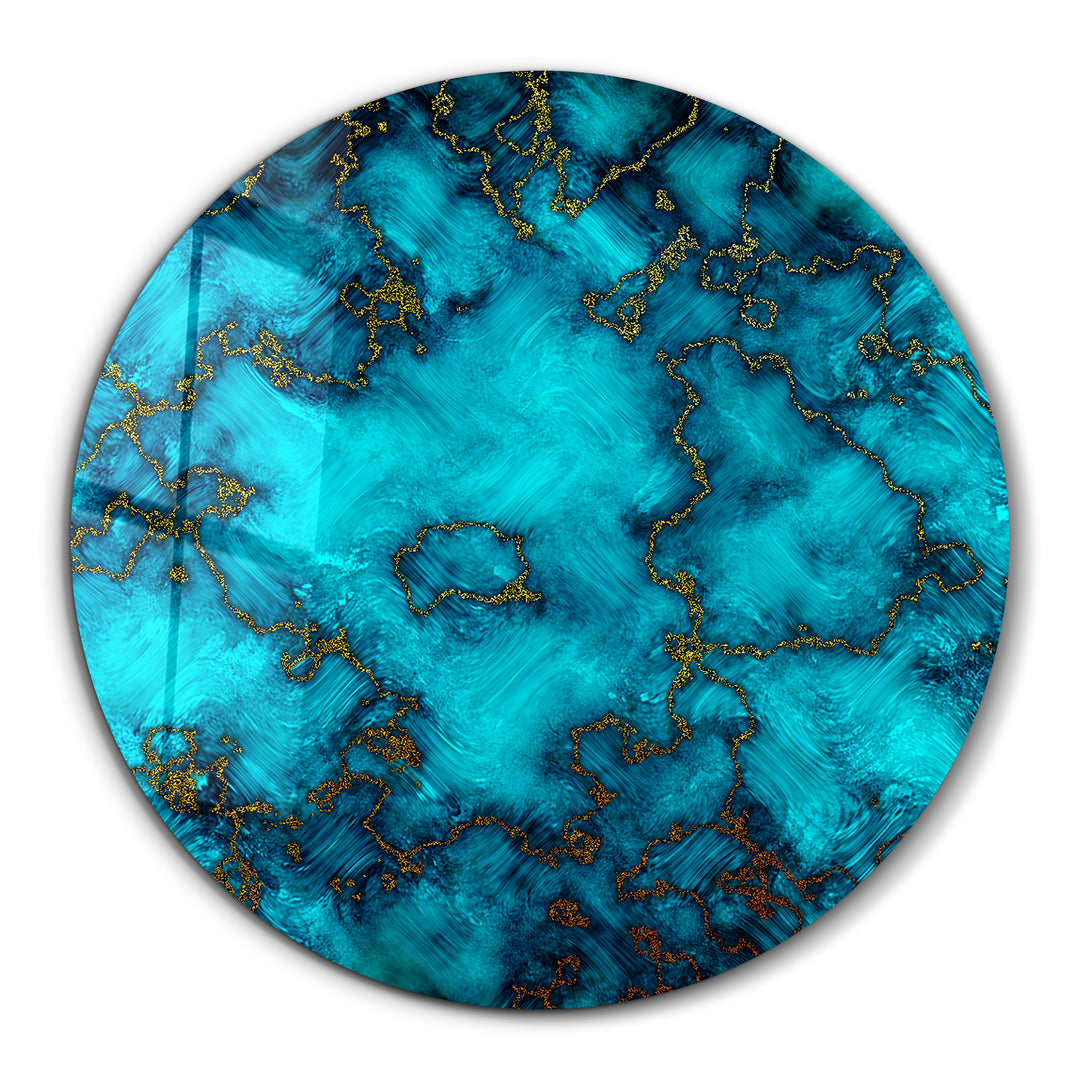 ・"Gold on Blue Abstract"・Rounded Glass Wall Art