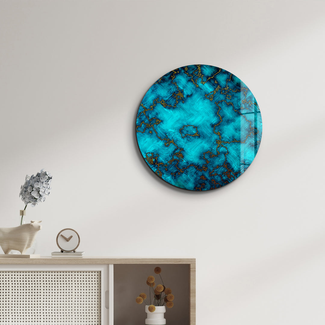 ・"Gold on Blue Abstract"・Rounded Glass Wall Art