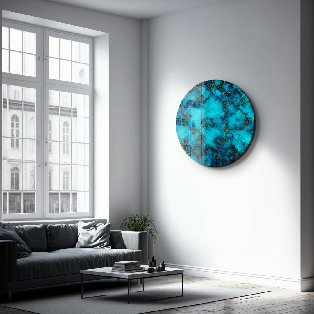 ・"Gold on Blue Abstract"・Rounded Glass Wall Art