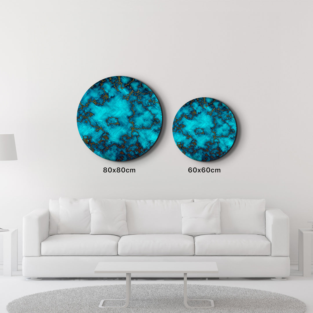 ・"Gold on Blue Abstract"・Rounded Glass Wall Art