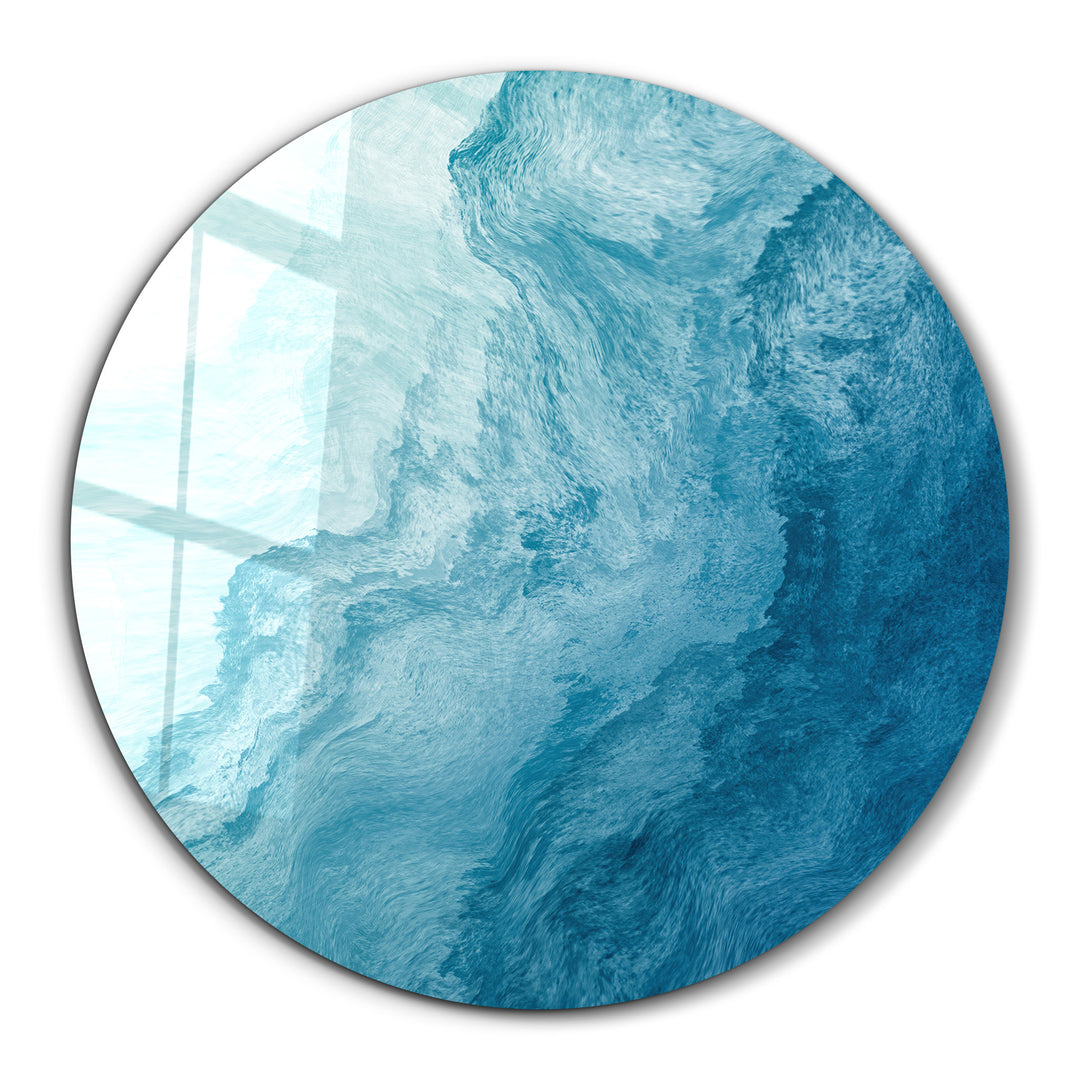 ・"Blue Paint Waves"・Rounded Glass Wall Art