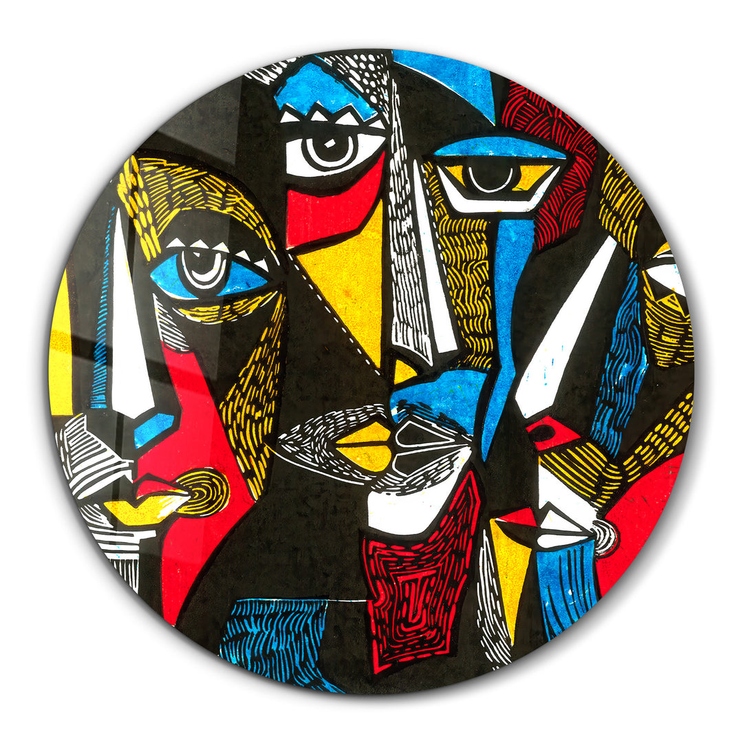 ・"African Faces Colorful"・Rounded Glass Wall Art