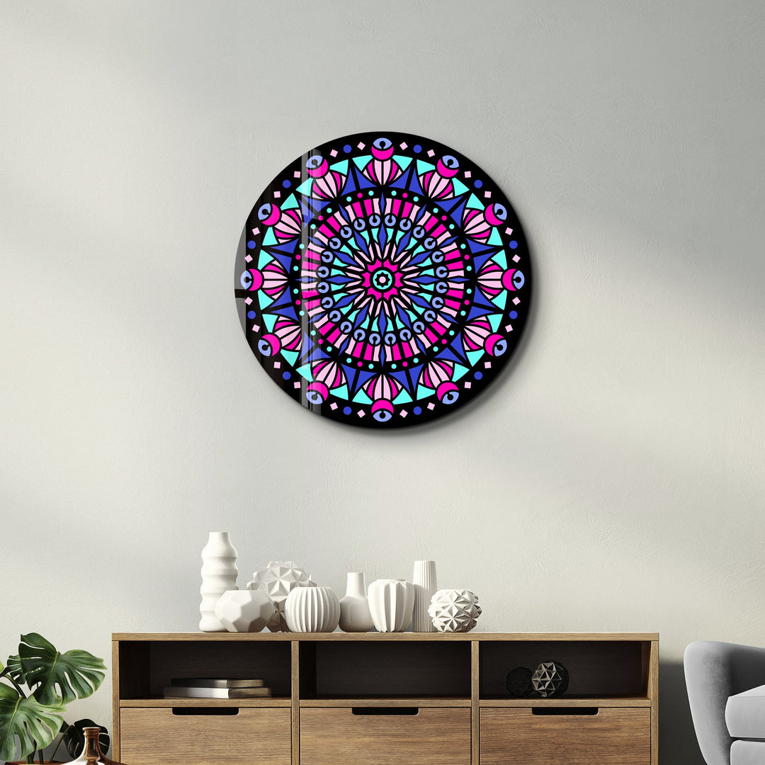 Neon Mandala Harmony 3 | Rounded Glass Wall Art