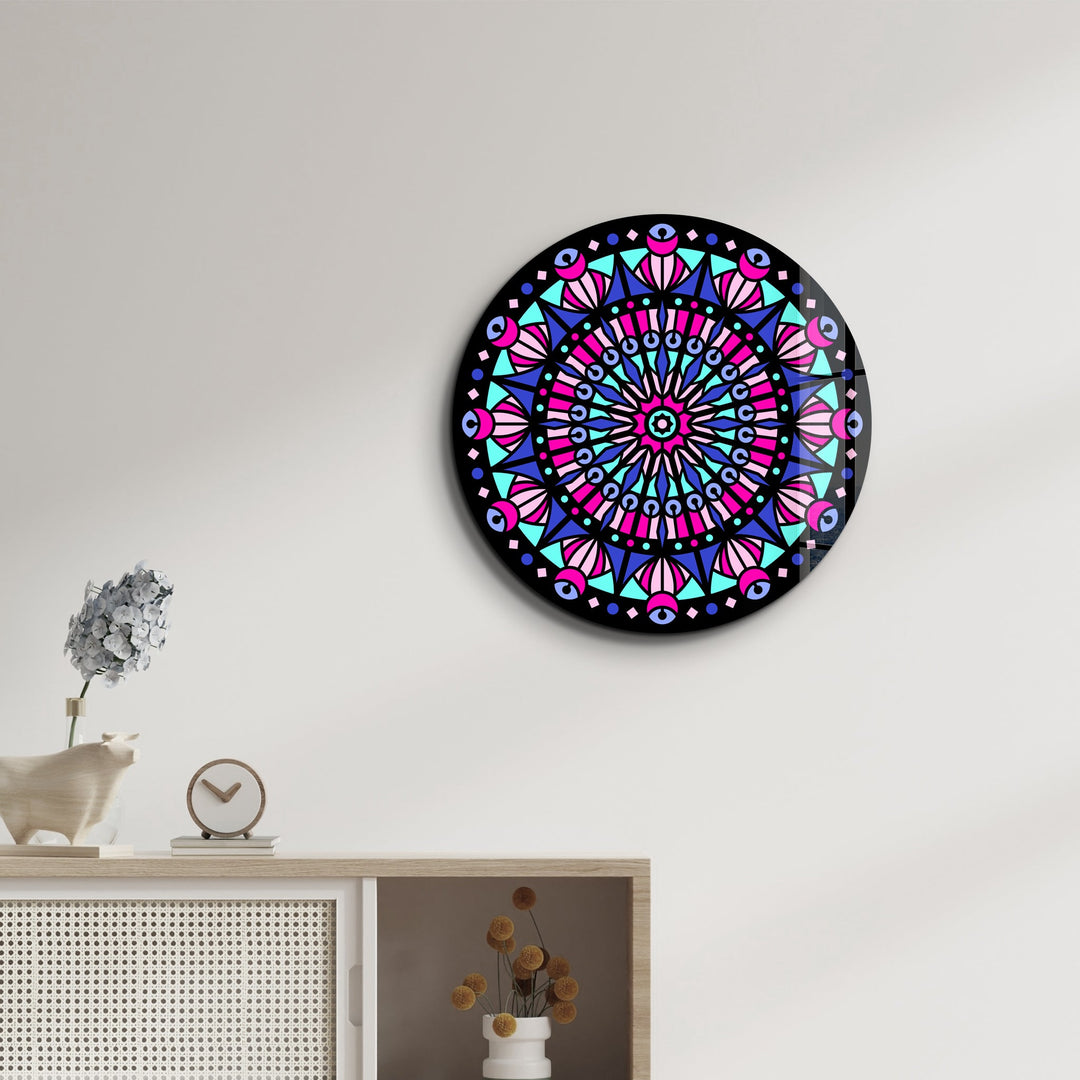 Neon Mandala Harmony 3 | Rounded Glass Wall Art