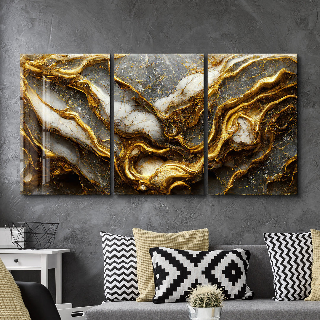 ・"Golden Roots in the Marble - Trio"・Glass Wall Art