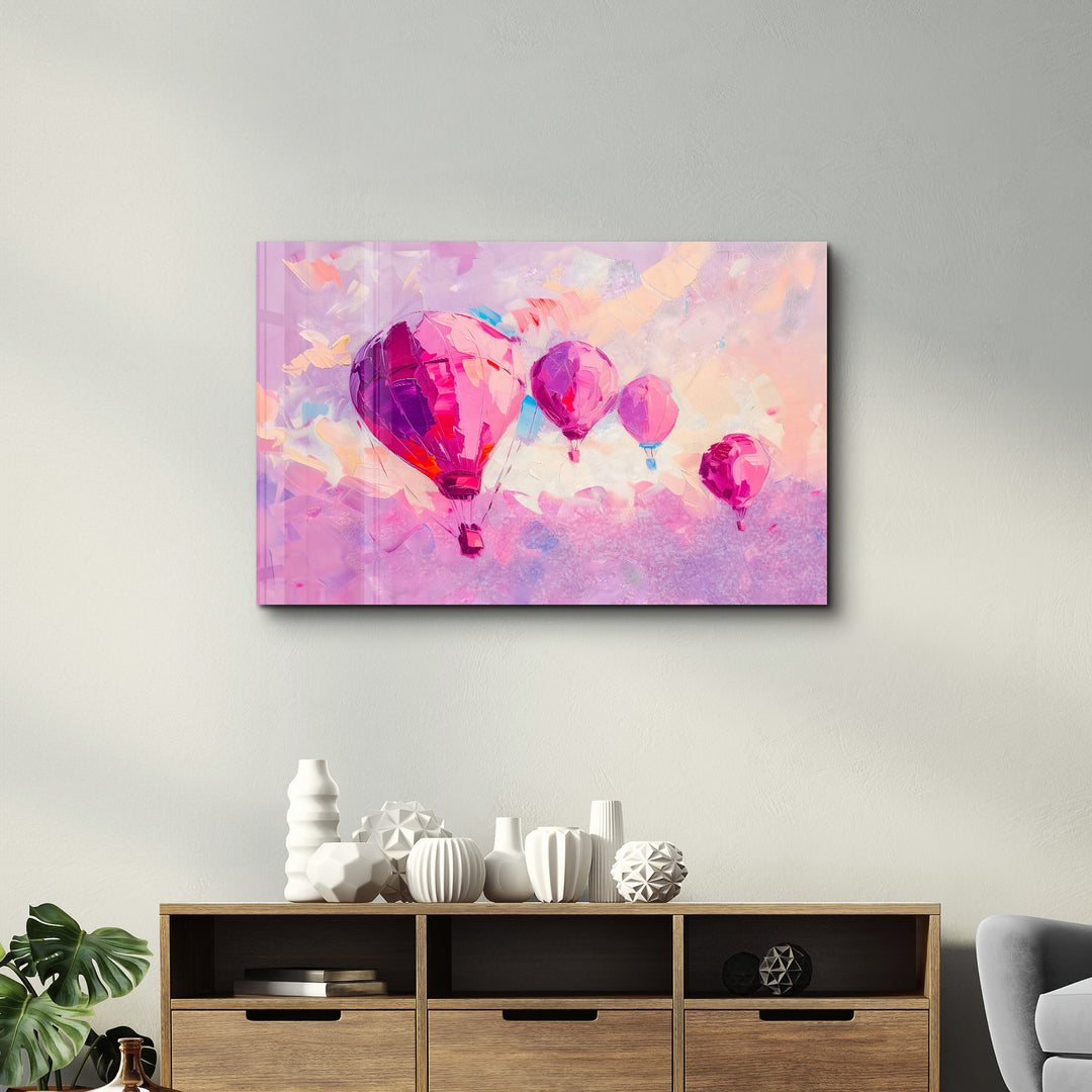 Pink Baloons Oil Painting - Glass Wall Art