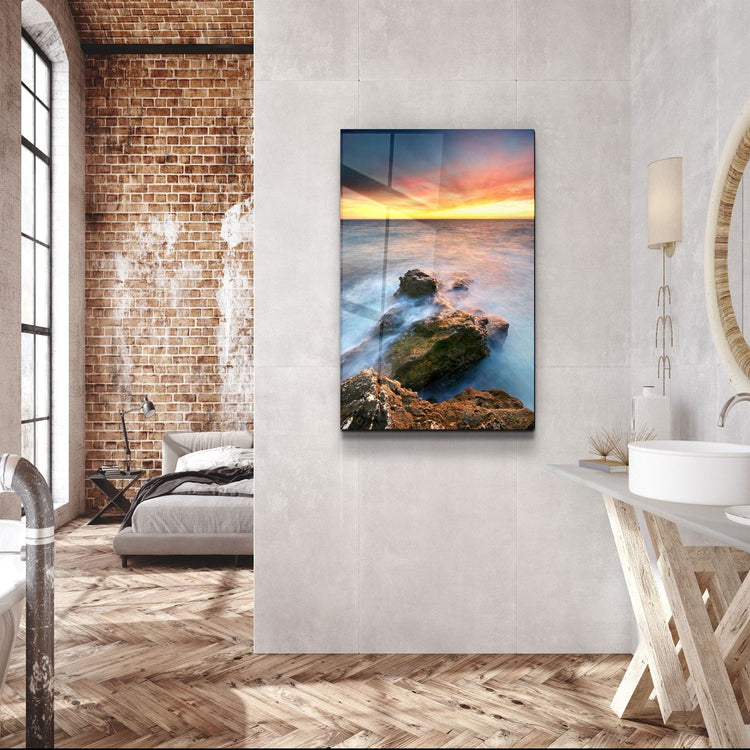 ・"Sunset and Rocks"・Glass Wall Art | Artdesigna Glass Printing Wall Arts.