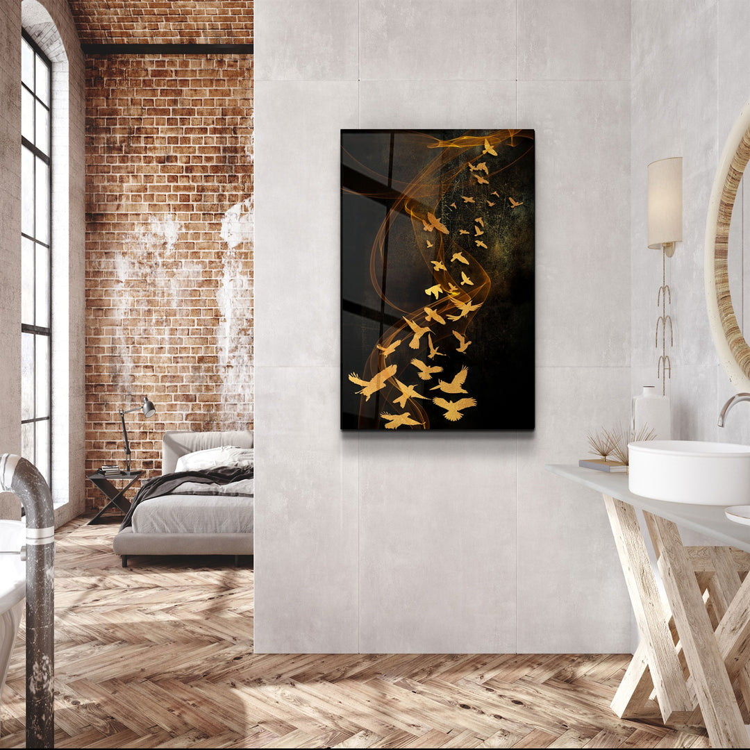 ・"Abstract Yellow Birds"・Glass Wall Art | Artdesigna Glass Printing Wall Arts.