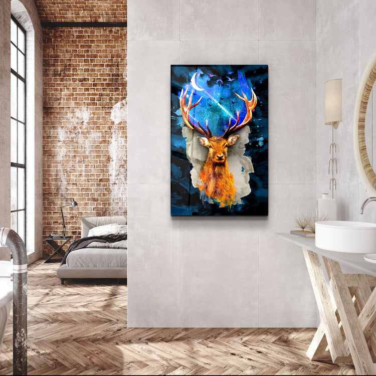 ・"Deer & Moon"・Glass Wall Art | Artdesigna Glass Printing Wall Arts.