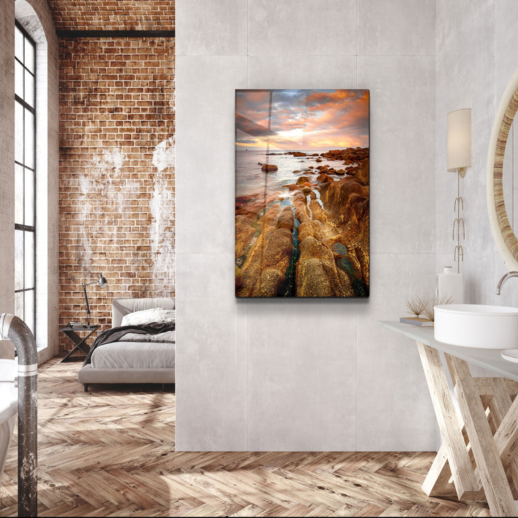 ・"Golden Rocks and Sunset"・Glass Wall Art | Artdesigna Glass Printing Wall Arts.