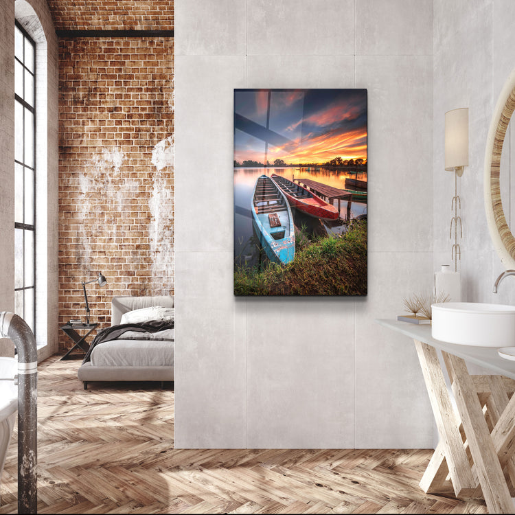 ・"Longboats With Sunset"・Glass Wall Art | Artdesigna Glass Printing Wall Arts.