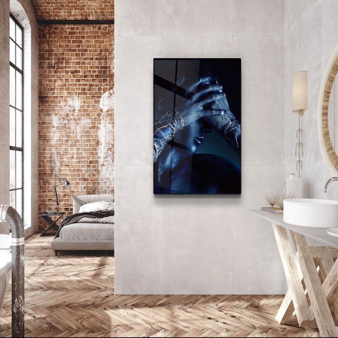 ・"The Woman In Dark Blue"・Glass Wall Art | Artdesigna Glass Printing Wall Arts.