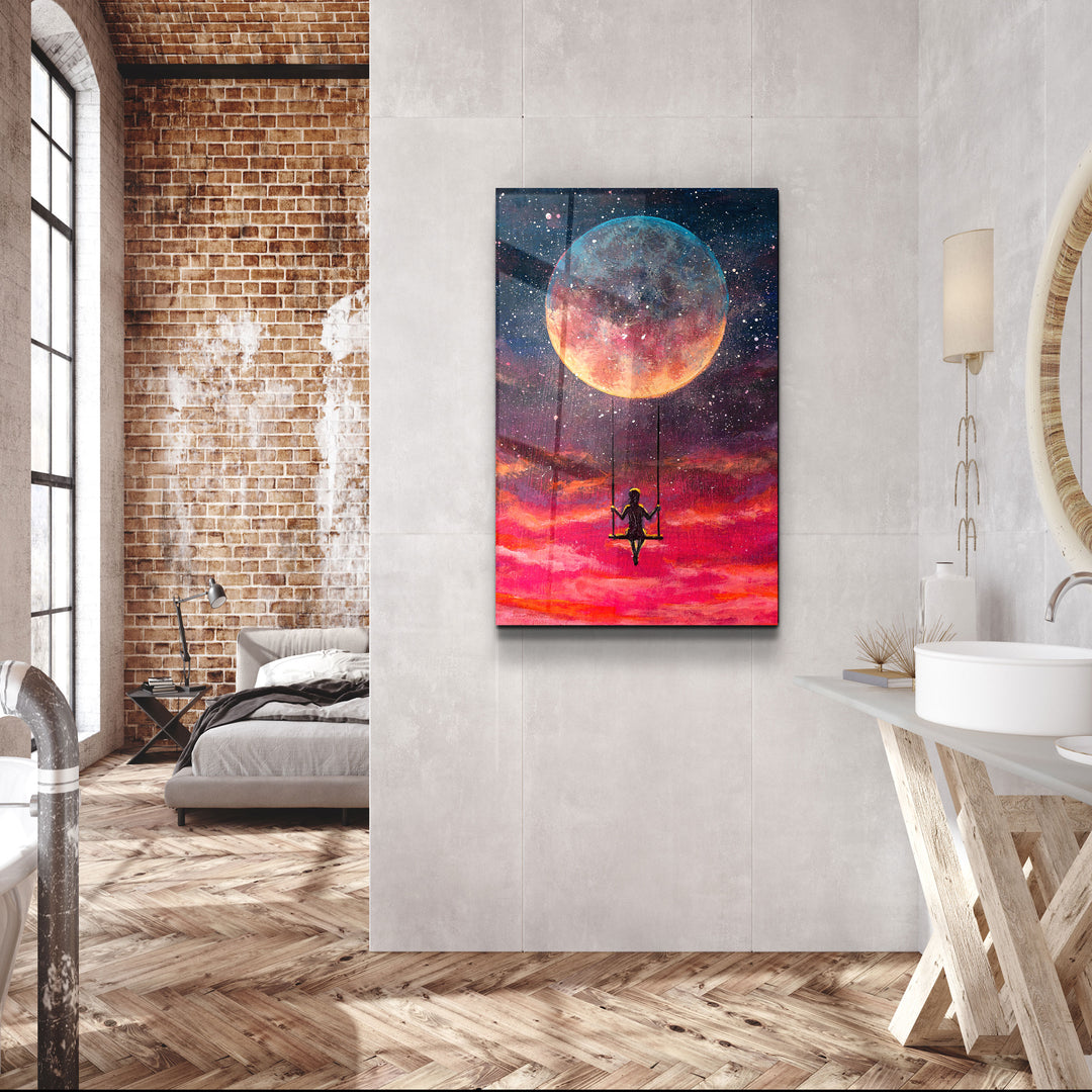 ・"Girl Swinging Under The Moon"・Glass Wall Art | Artdesigna Glass Printing Wall Arts.