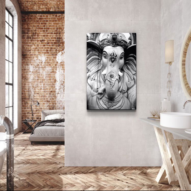 ・"Lord Ganesh B&W Sculpture"・Glass Wall Art | Artdesigna Glass Printing Wall Arts.