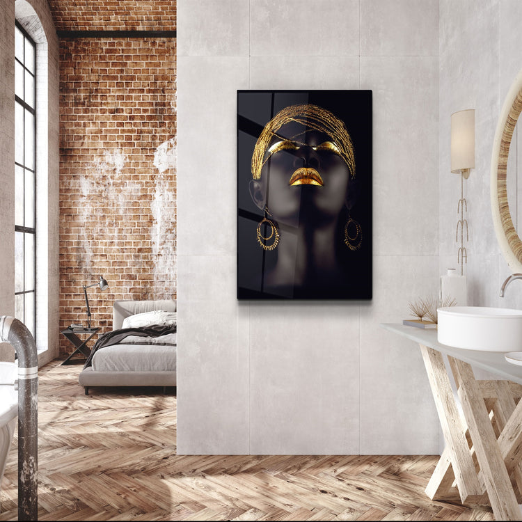 ・"Golden Lips Woman Portrait V2"・Glass Wall Art | Artdesigna Glass Printing Wall Arts.