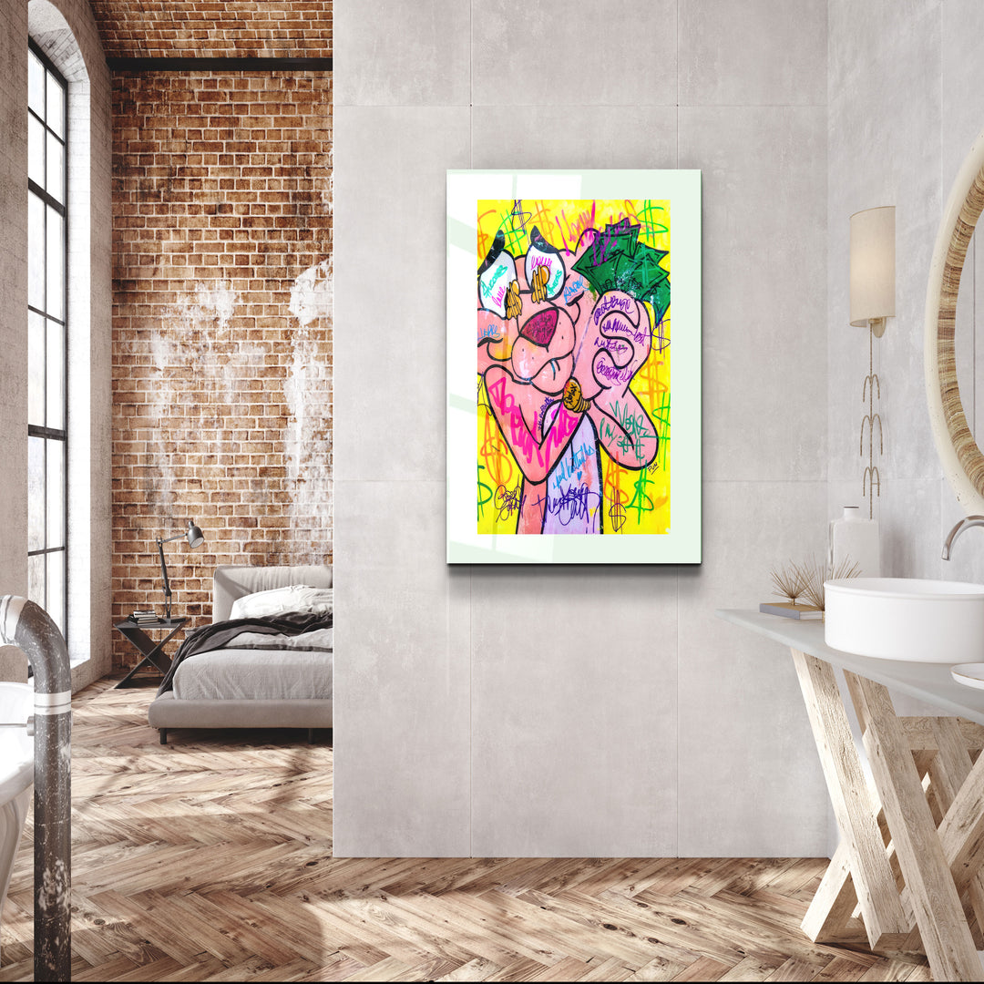 ・"Pink Panther - Retro Painting"・Designer's Collection Glass Wall Art