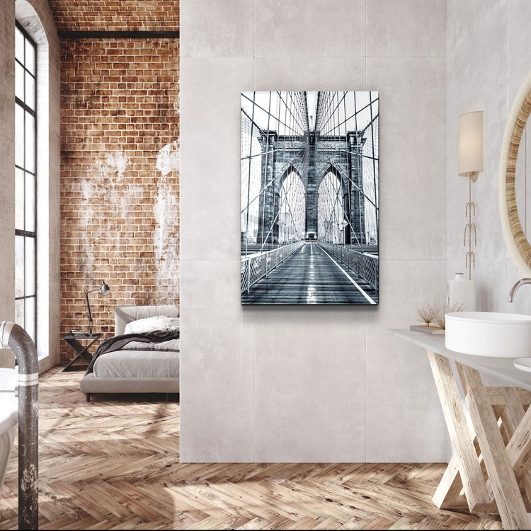 ・"Brooklyn Bridge Retro Gray 2"・Glass Wall Art | Artdesigna Glass Printing Wall Arts.