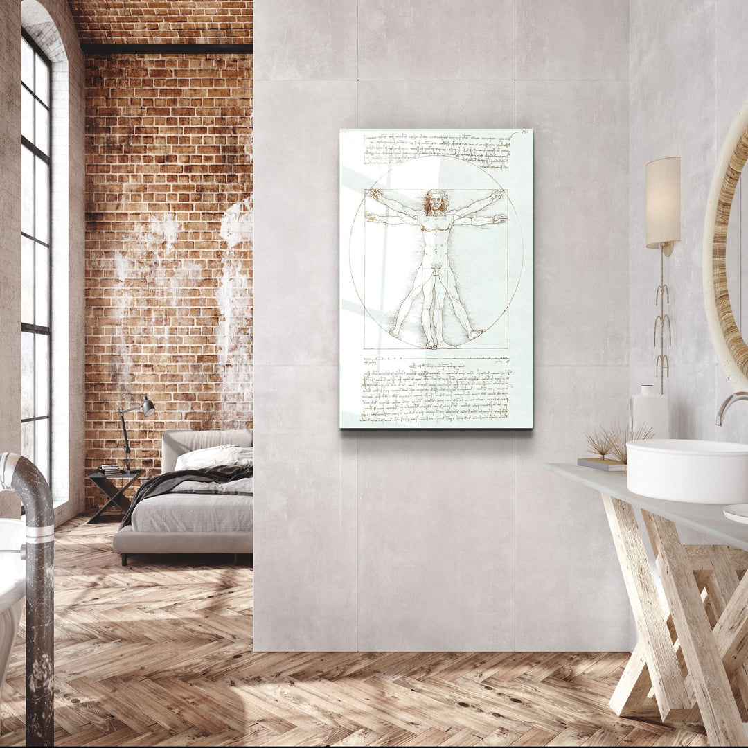 ・"Leonardo da Vinci's The Vitruvian Man 1498"・Glass Wall Art | Artdesigna Glass Printing Wall Arts.