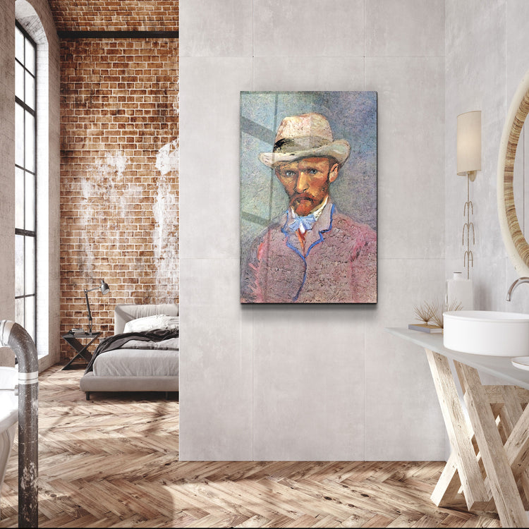 ・"Vincent van Gogh's Self-Portrait with a Gray Straw Hat (1887)"・Glass Wall Art | Artdesigna Glass Printing Wall Arts.