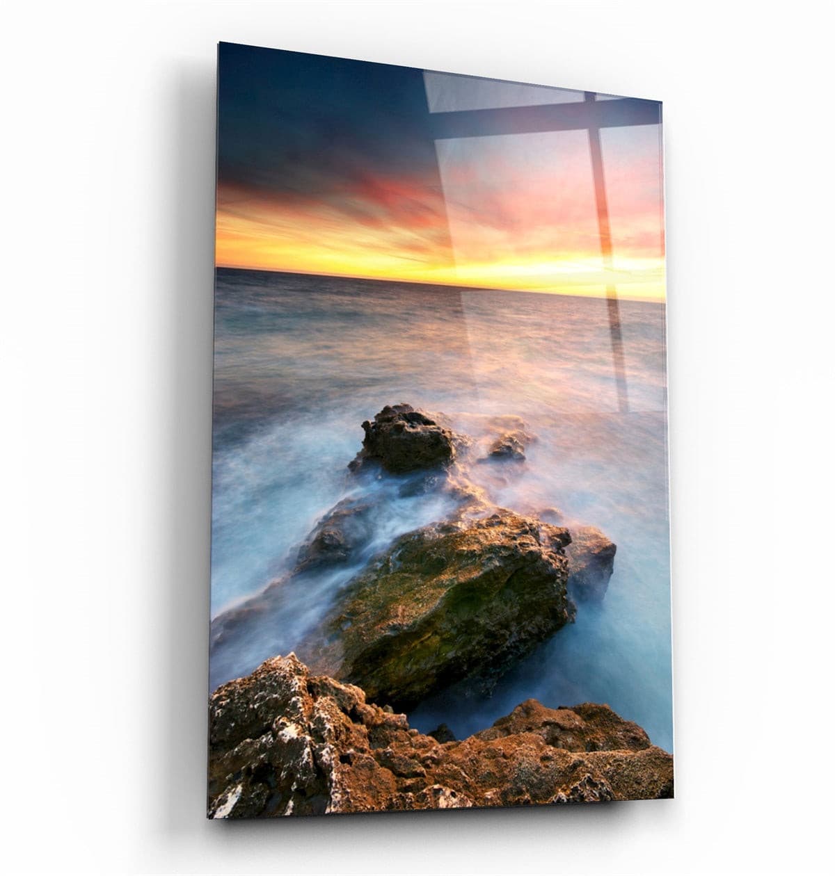 ・"Sunset and Rocks"・Glass Wall Art | Artdesigna Glass Printing Wall Arts.