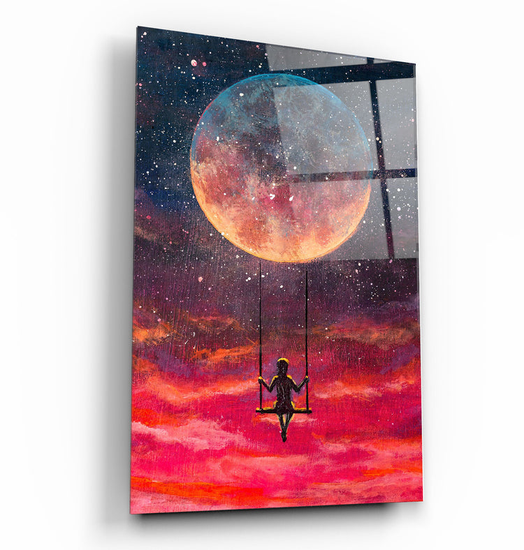 ・"Girl Swinging Under The Moon"・Glass Wall Art | Artdesigna Glass Printing Wall Arts.