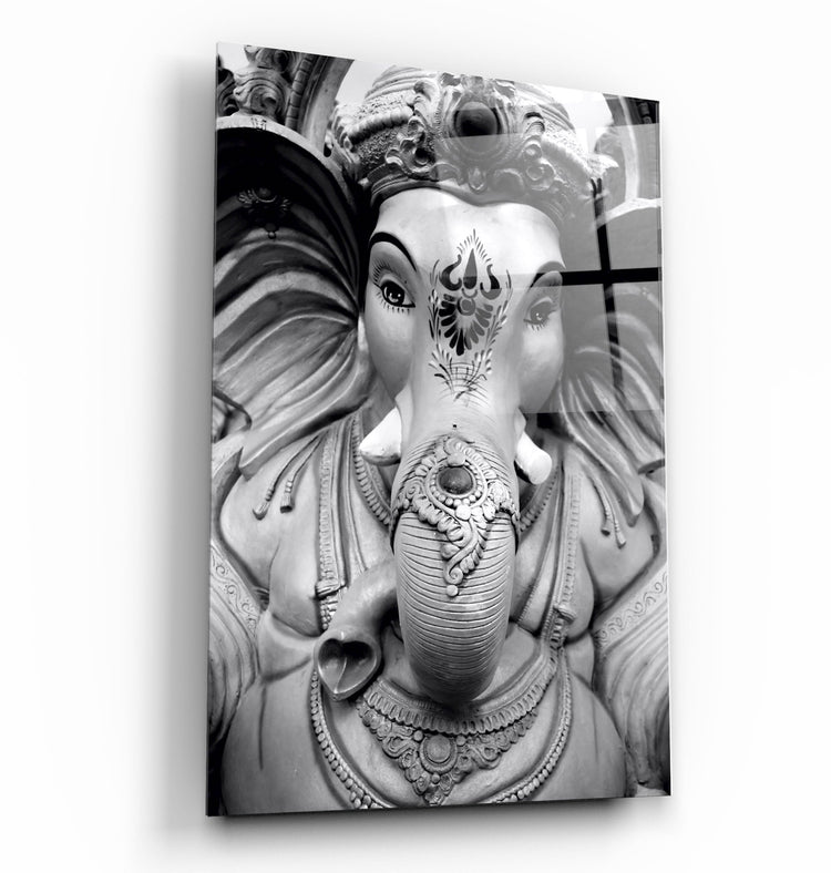 ・"Lord Ganesh B&W Sculpture"・Glass Wall Art | Artdesigna Glass Printing Wall Arts.