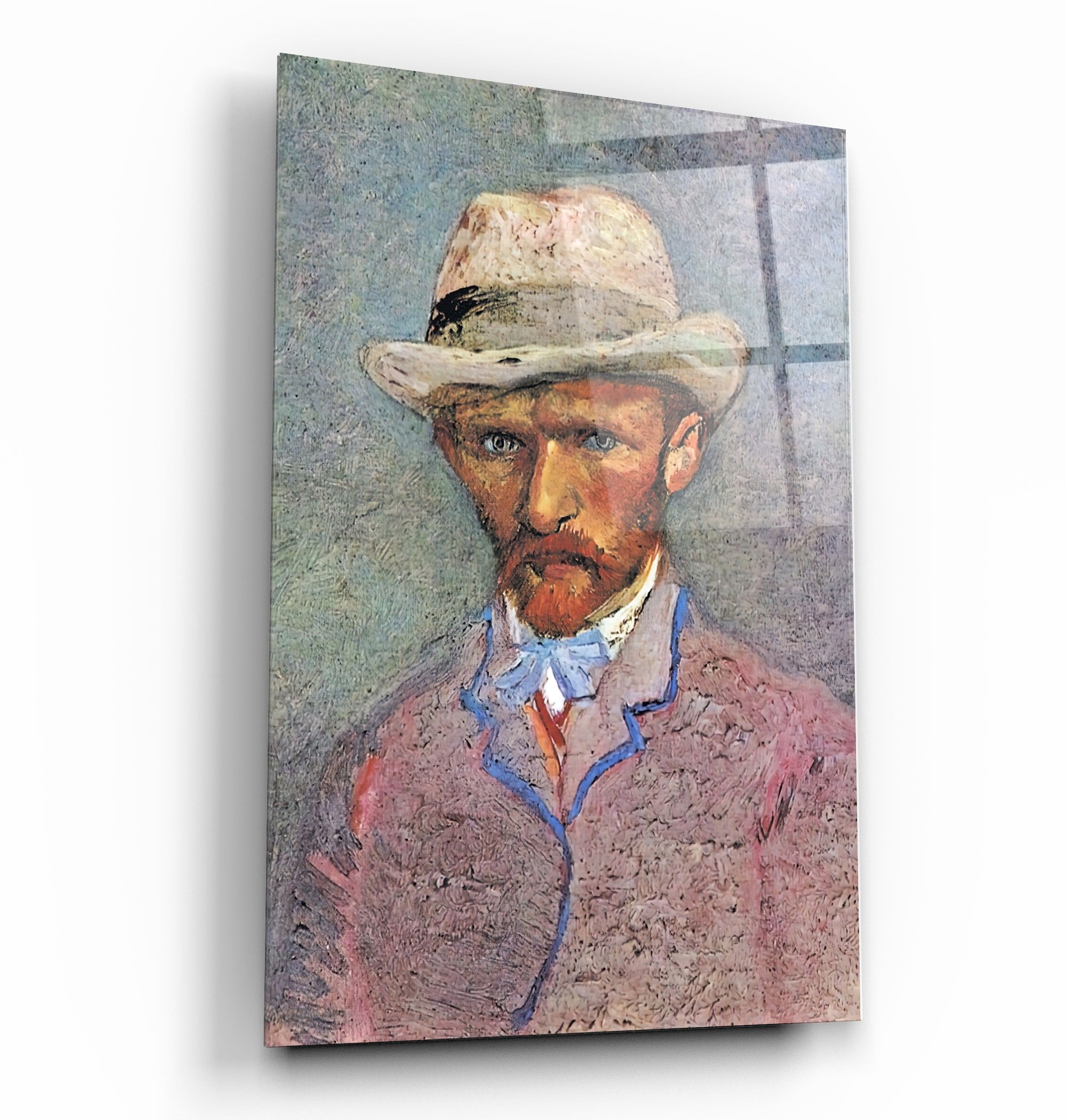 ・"Vincent van Gogh's Self-Portrait with a Gray Straw Hat (1887)"・Glass Wall Art | Artdesigna Glass Printing Wall Arts.