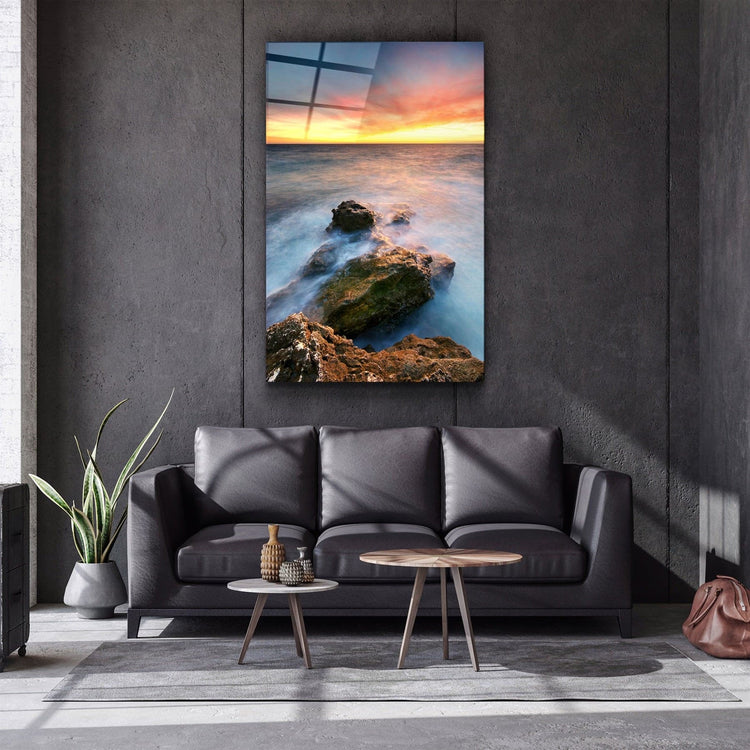 ・"Sunset and Rocks"・Glass Wall Art | Artdesigna Glass Printing Wall Arts.