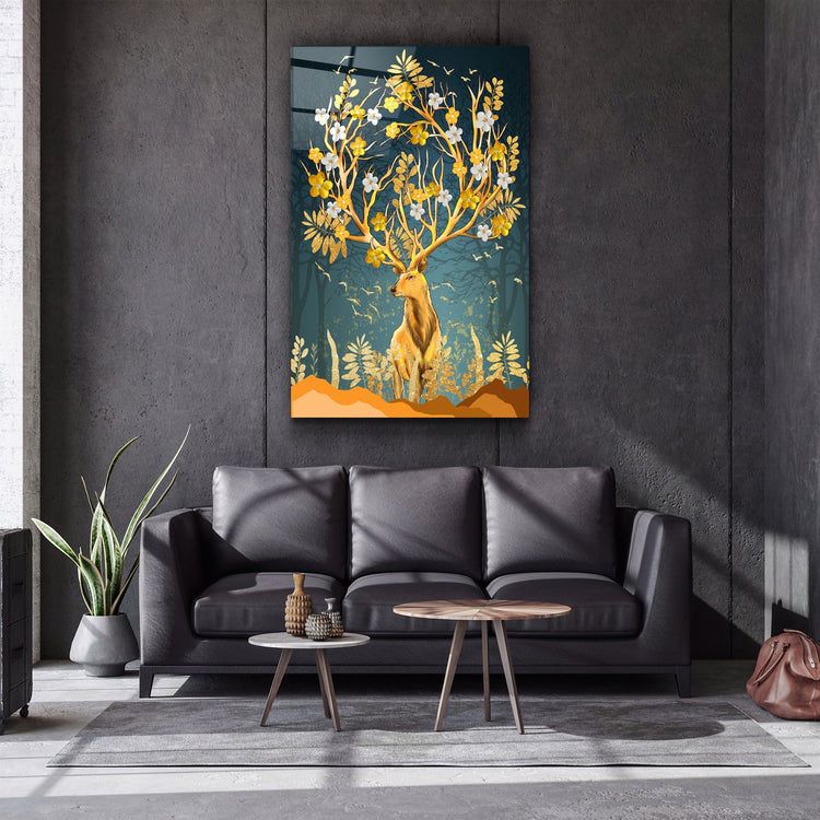 ・"Abstract Deer & Flowers"・Glass Wall Art | Artdesigna Glass Printing Wall Arts.