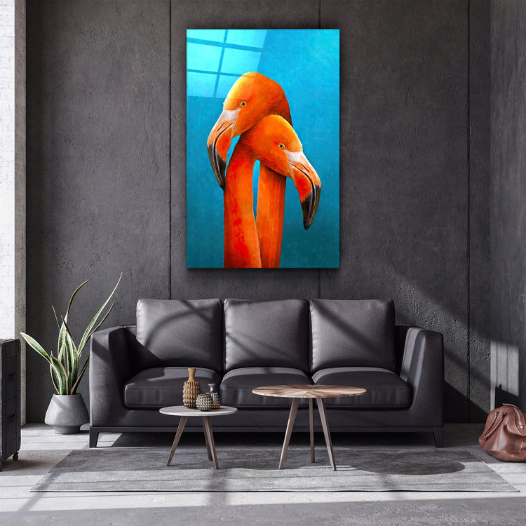 ・"Orange Flamingos"・Glass Wall Art | Artdesigna Glass Printing Wall Arts.