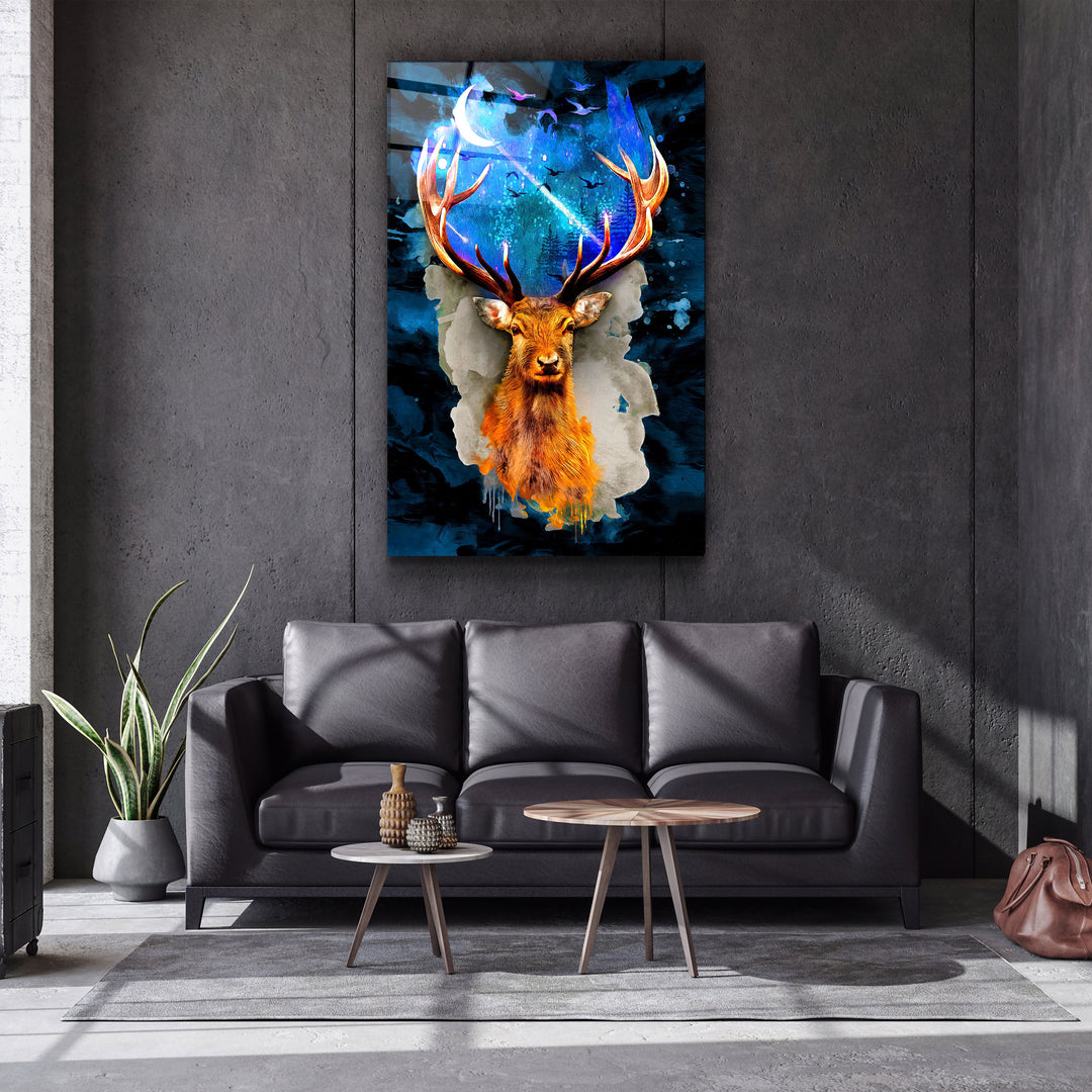 ・"Deer & Moon"・Glass Wall Art | Artdesigna Glass Printing Wall Arts.