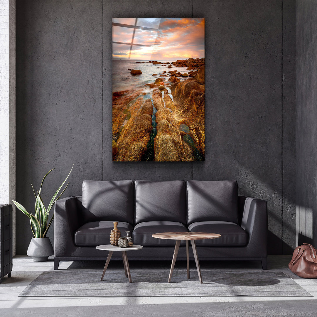 ・"Golden Rocks and Sunset"・Glass Wall Art | Artdesigna Glass Printing Wall Arts.