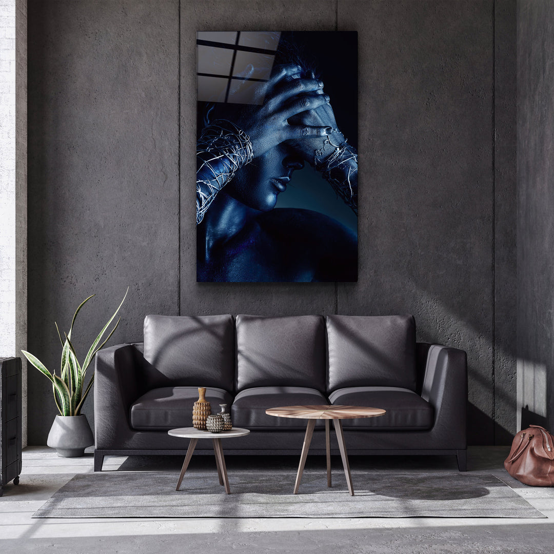 ・"The Woman In Dark Blue"・Glass Wall Art | Artdesigna Glass Printing Wall Arts.