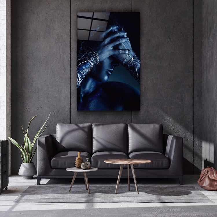 ・"The Woman In Dark Blue"・Glass Wall Art | Artdesigna Glass Printing Wall Arts.