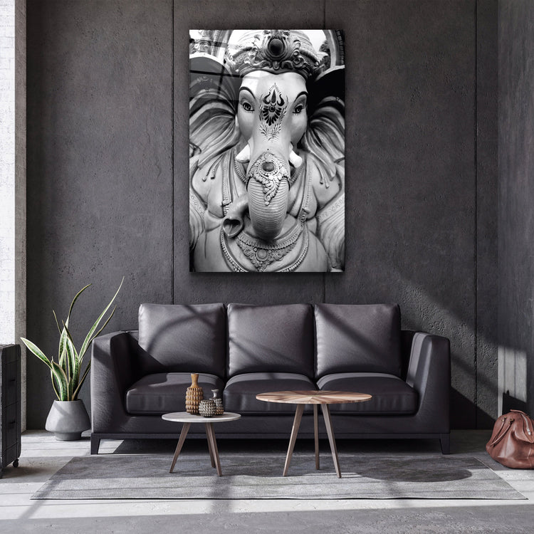 ・"Lord Ganesh B&W Sculpture"・Glass Wall Art | Artdesigna Glass Printing Wall Arts.