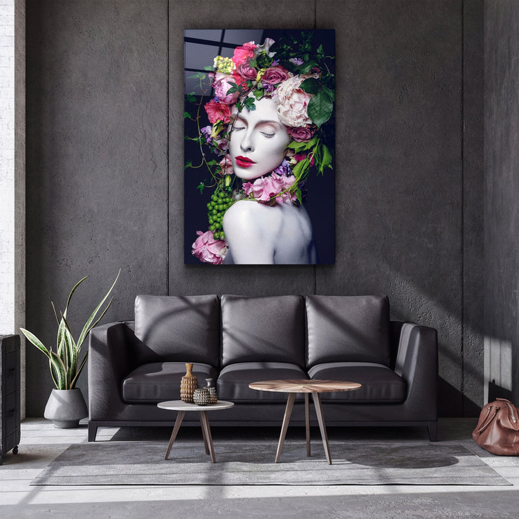 ・"Floral Woman Portrait"・Glass Wall Art | Artdesigna Glass Printing Wall Arts.