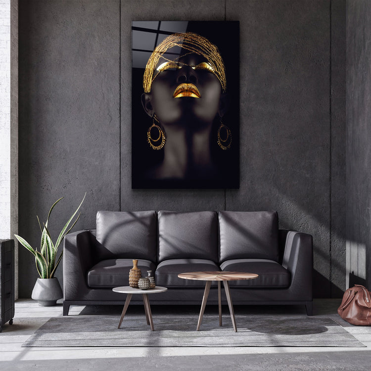 ・"Golden Lips Woman Portrait V2"・Glass Wall Art | Artdesigna Glass Printing Wall Arts.