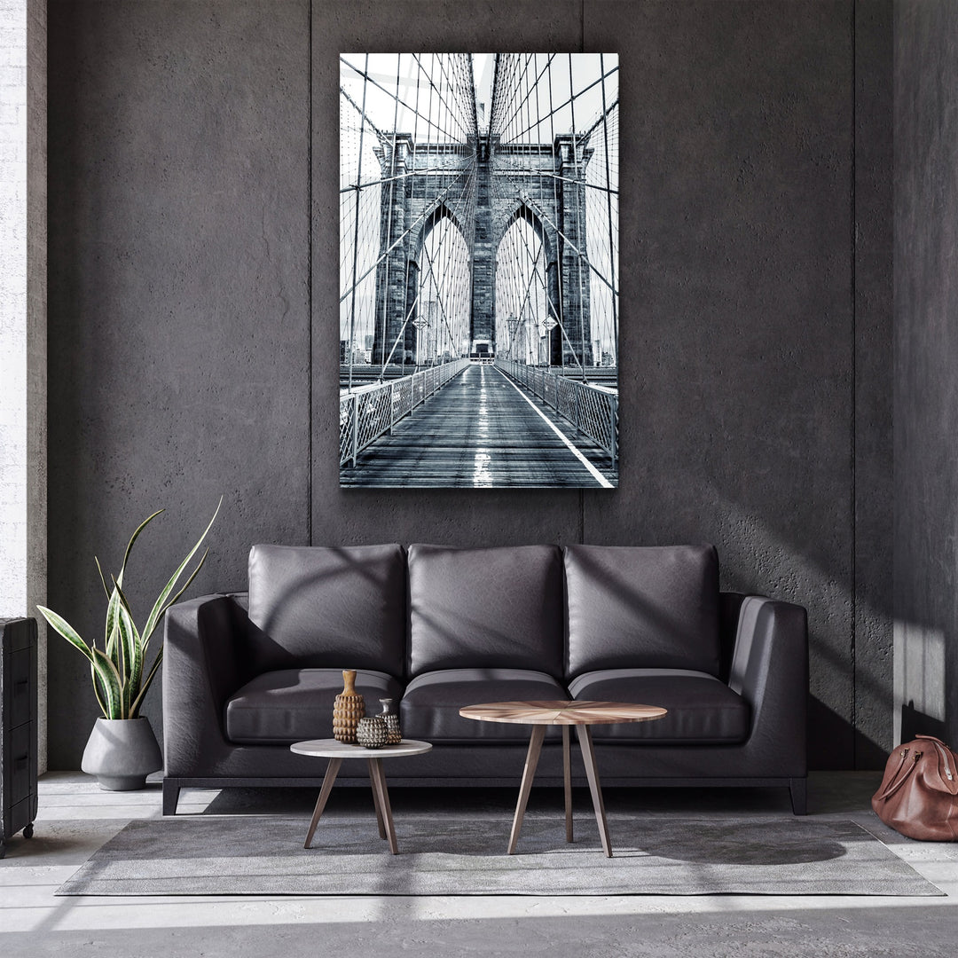 ・"Brooklyn Bridge Retro Gray 2"・Glass Wall Art | Artdesigna Glass Printing Wall Arts.