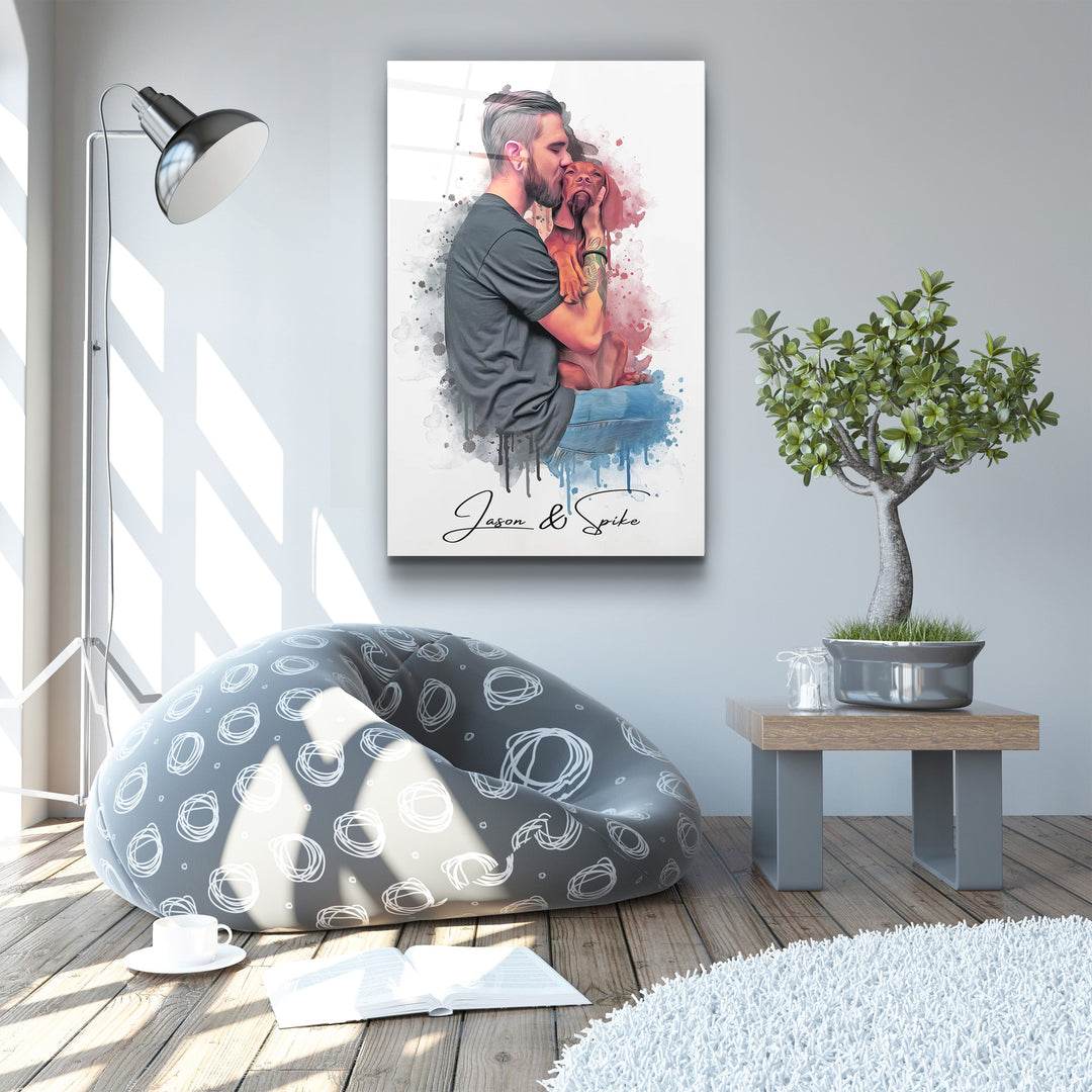 ."Watercolor Portrait - You & Your Pet - Custom Printing". Glass Wall Art | Artdesigna Glass Printing Wall Arts.