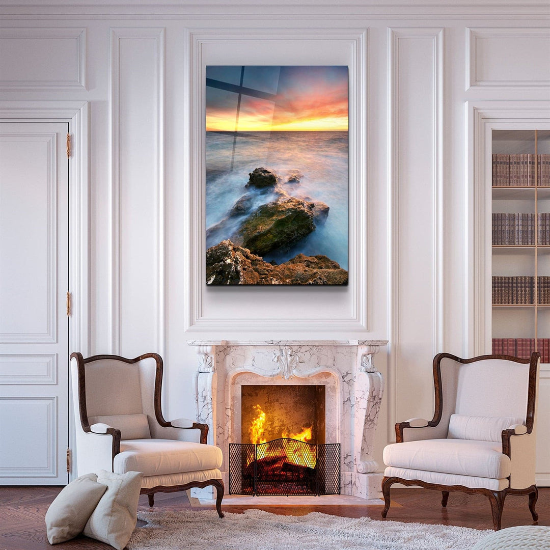 ・"Sunset and Rocks"・Glass Wall Art | Artdesigna Glass Printing Wall Arts.