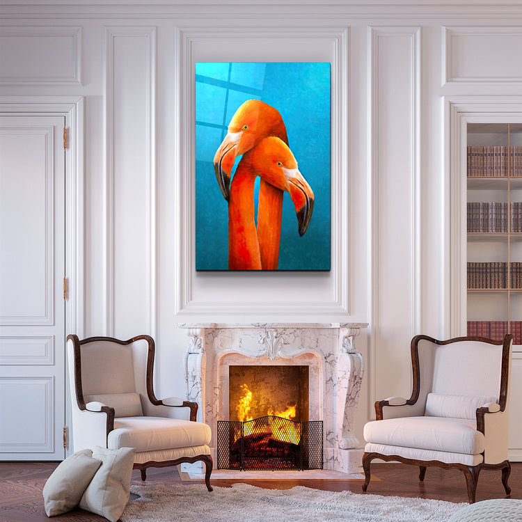 ・"Orange Flamingos"・Glass Wall Art | Artdesigna Glass Printing Wall Arts.