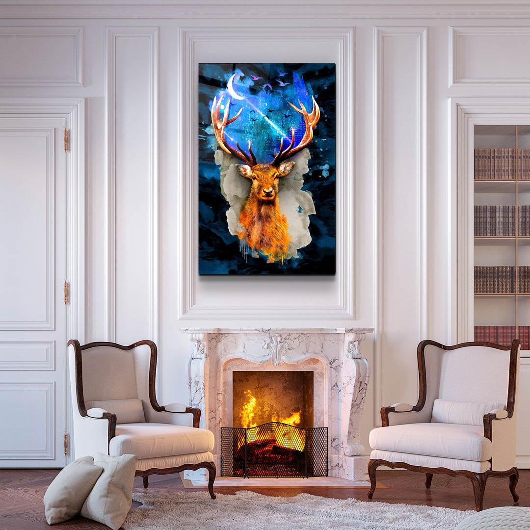 ・"Deer & Moon"・Glass Wall Art | Artdesigna Glass Printing Wall Arts.