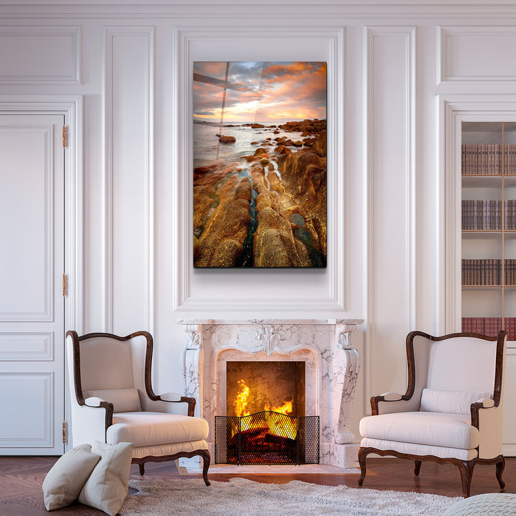 ・"Golden Rocks and Sunset"・Glass Wall Art | Artdesigna Glass Printing Wall Arts.