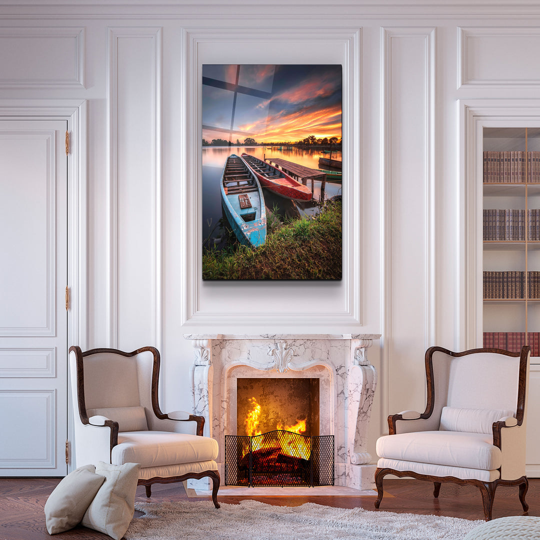 ・"Longboats With Sunset"・Glass Wall Art | Artdesigna Glass Printing Wall Arts.