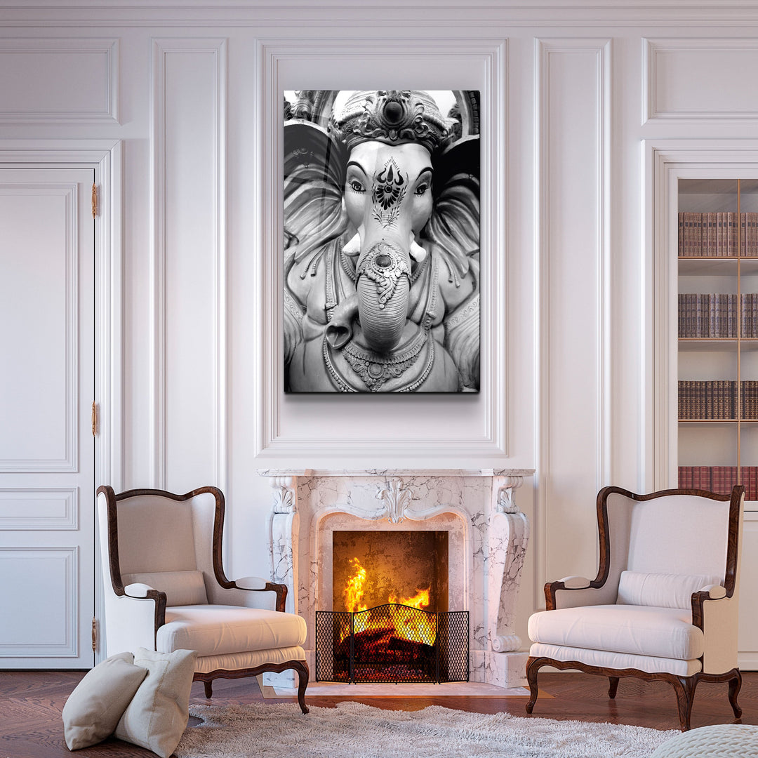 ・"Lord Ganesh B&W Sculpture"・Glass Wall Art | Artdesigna Glass Printing Wall Arts.