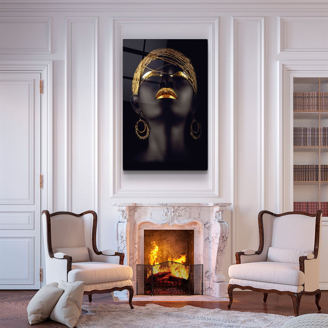 ・"Golden Lips Woman Portrait V2"・Glass Wall Art | Artdesigna Glass Printing Wall Arts.