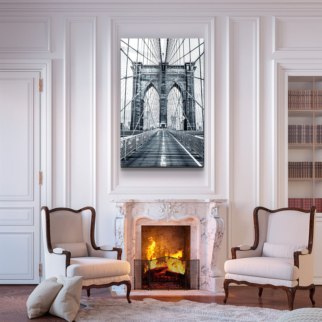 ・"Brooklyn Bridge Retro Gray 2"・Glass Wall Art | Artdesigna Glass Printing Wall Arts.