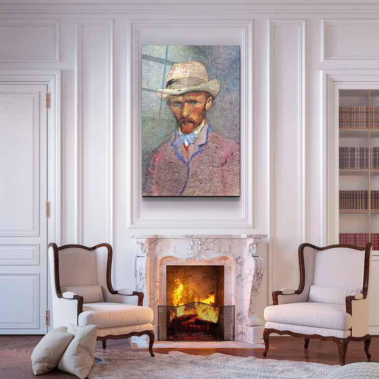 ・"Vincent van Gogh's Self-Portrait with a Gray Straw Hat (1887)"・Glass Wall Art | Artdesigna Glass Printing Wall Arts.